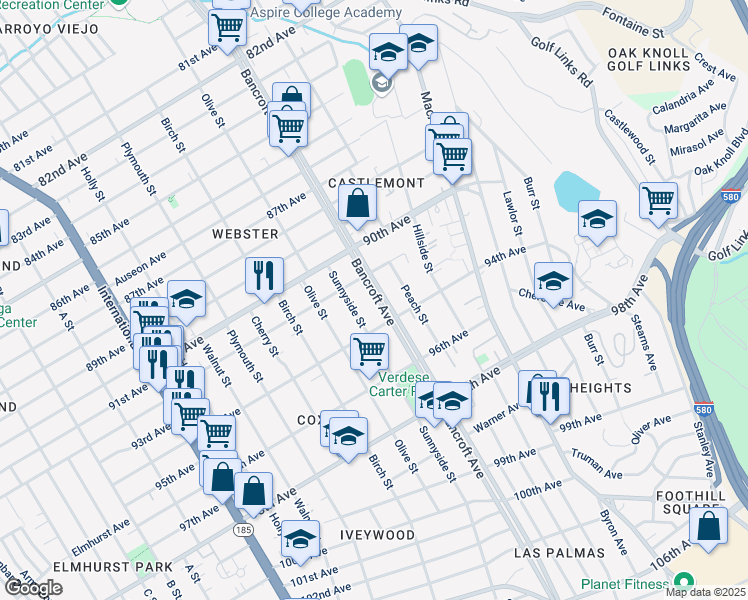 map of restaurants, bars, coffee shops, grocery stores, and more near 9301 Bancroft Avenue in Oakland