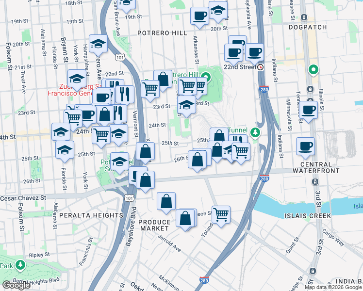 map of restaurants, bars, coffee shops, grocery stores, and more near 76 Littlefield Terrace in San Francisco