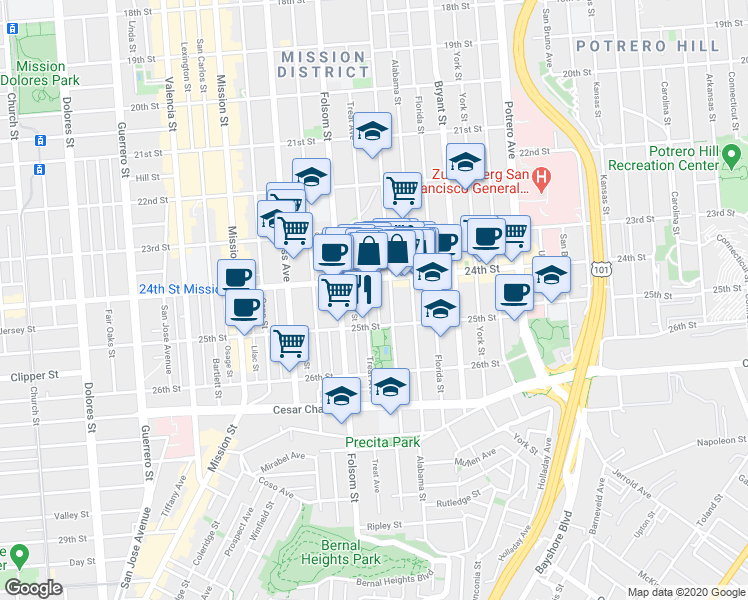 map of restaurants, bars, coffee shops, grocery stores, and more near in San Francisco