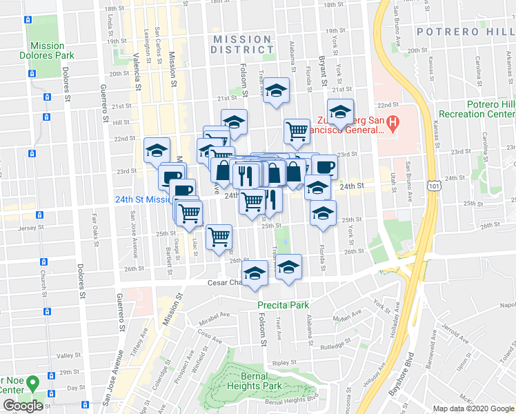 map of restaurants, bars, coffee shops, grocery stores, and more near in San Francisco