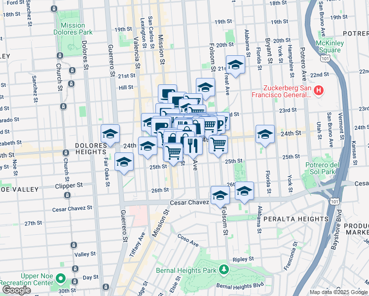 map of restaurants, bars, coffee shops, grocery stores, and more near 1316 South Van Ness Avenue in San Francisco