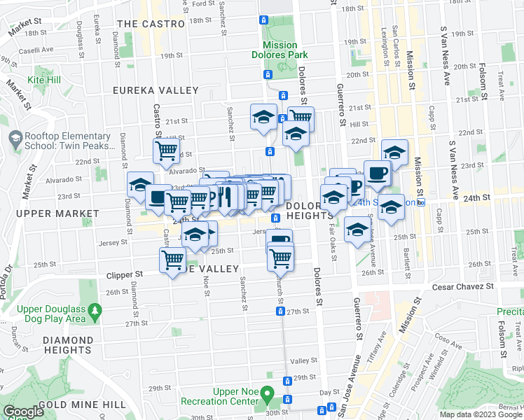map of restaurants, bars, coffee shops, grocery stores, and more near 3812 24th Street in San Francisco
