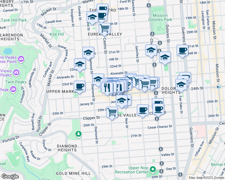 map of restaurants, bars, coffee shops, grocery stores, and more near 541 Elizabeth Street in San Francisco