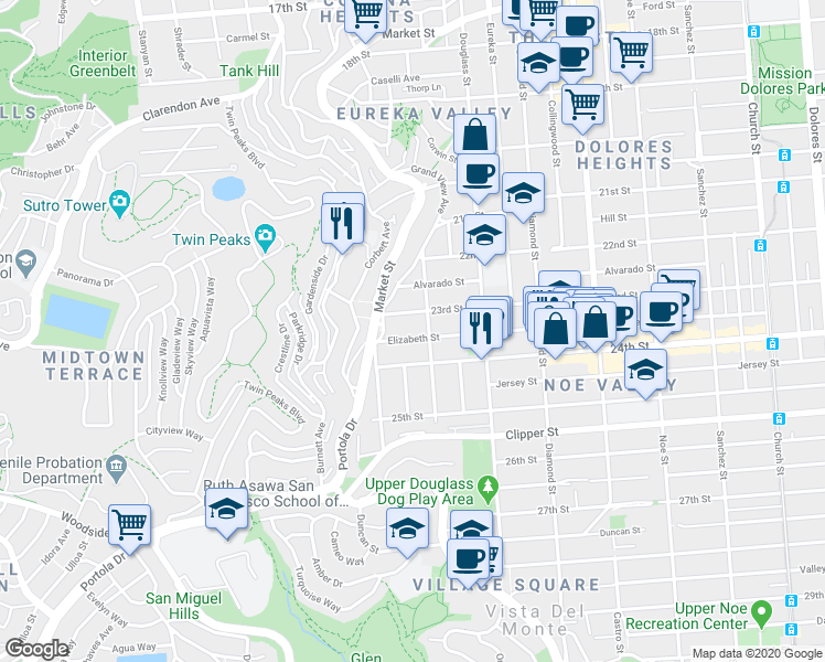map of restaurants, bars, coffee shops, grocery stores, and more near 970 Elizabeth Street in San Francisco