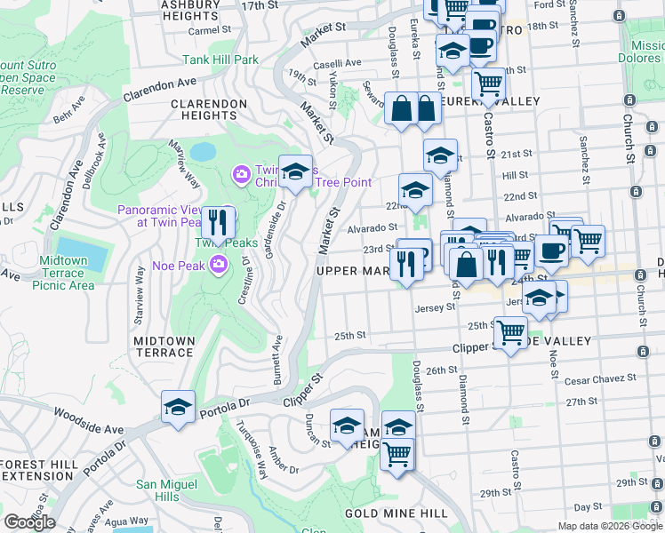 map of restaurants, bars, coffee shops, grocery stores, and more near 970 Elizabeth Street in San Francisco