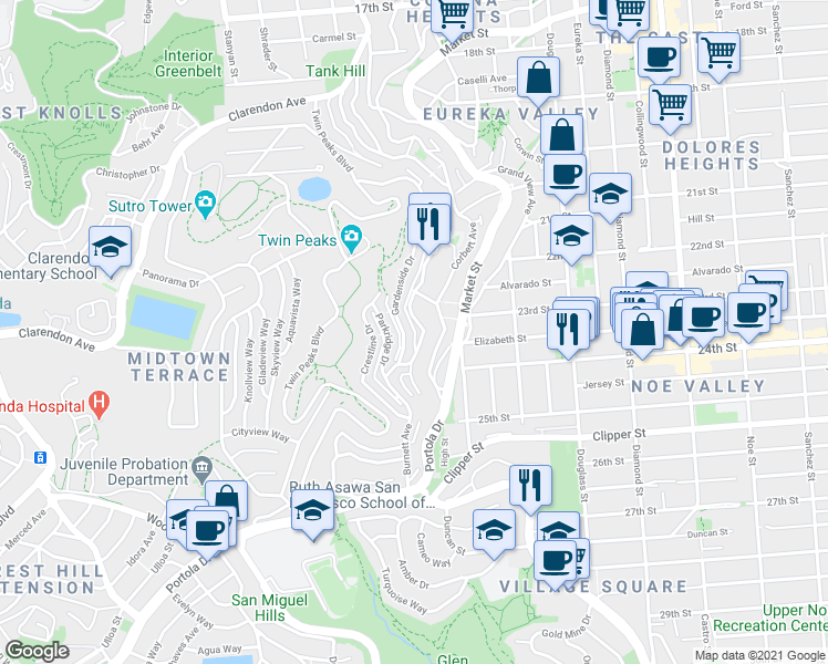 map of restaurants, bars, coffee shops, grocery stores, and more near 36 Gardenside Drive in San Francisco