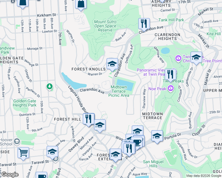 map of restaurants, bars, coffee shops, grocery stores, and more near 119 Galewood Circle in San Francisco