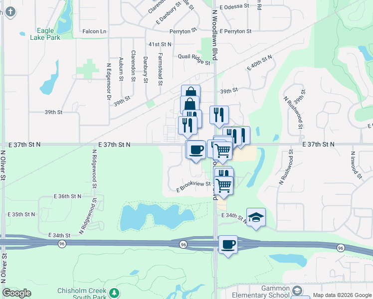 map of restaurants, bars, coffee shops, grocery stores, and more near 6218 E 37th St N in Bel Aire