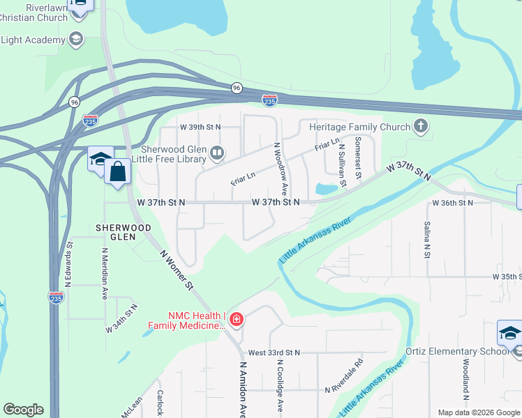 map of restaurants, bars, coffee shops, grocery stores, and more near 1703 West 37th Street North in Wichita