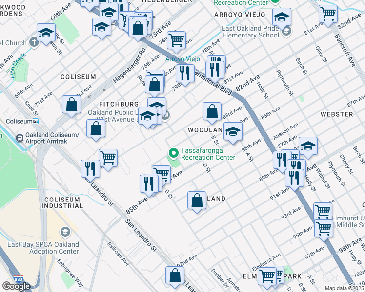 map of restaurants, bars, coffee shops, grocery stores, and more near 1038 83rd Ave in Oakland