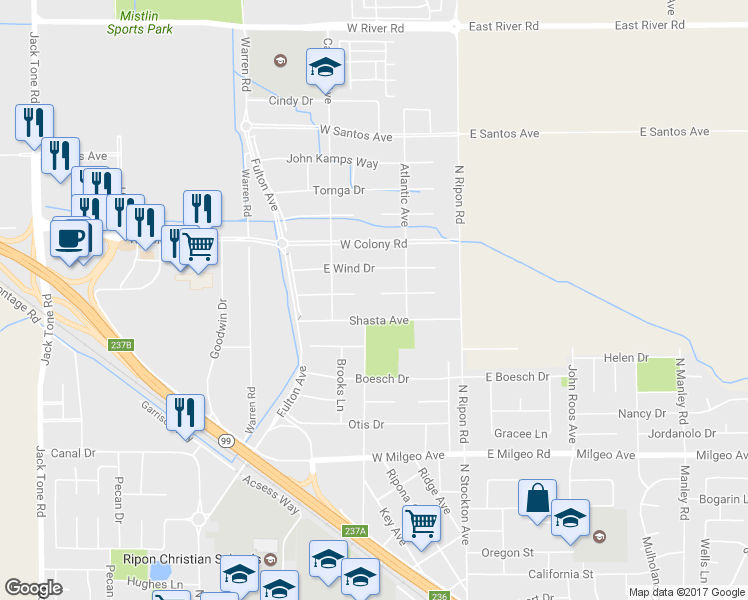 map of restaurants, bars, coffee shops, grocery stores, and more near 297 Reece Court in Ripon