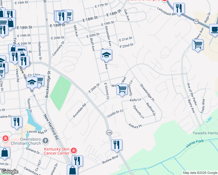 map of restaurants, bars, coffee shops, grocery stores, and more near 1714 Winding Way Dr in Owensboro