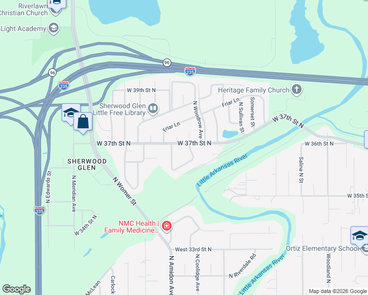 map of restaurants, bars, coffee shops, grocery stores, and more near 1703 West 37th Street North in Wichita