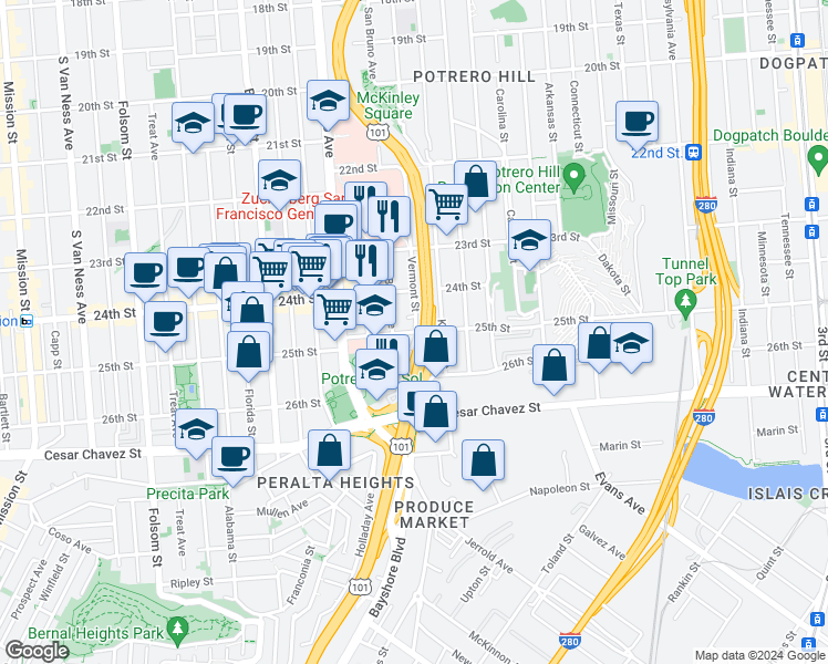 map of restaurants, bars, coffee shops, grocery stores, and more near 25th St & Vermont St in San Francisco
