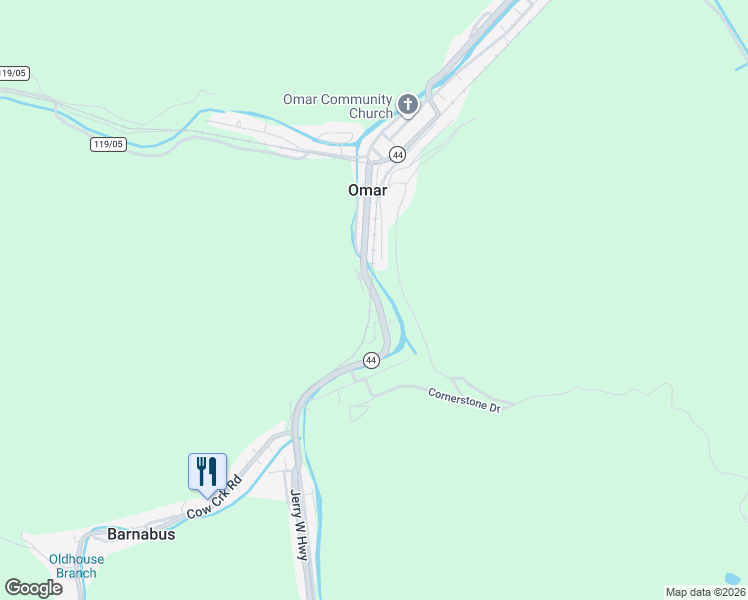 map of restaurants, bars, coffee shops, grocery stores, and more near 8572 Jerry West Highway in Omar