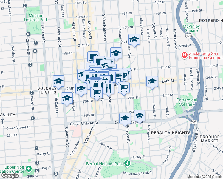 map of restaurants, bars, coffee shops, grocery stores, and more near 1331 South Van Ness Avenue in San Francisco