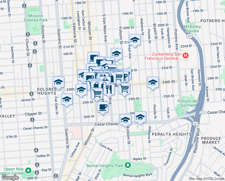 map of restaurants, bars, coffee shops, grocery stores, and more near 1327 South Van Ness Avenue in San Francisco