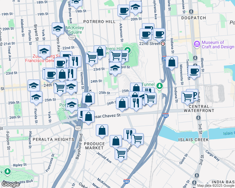 map of restaurants, bars, coffee shops, grocery stores, and more near 1204 Wisconsin Street in San Francisco