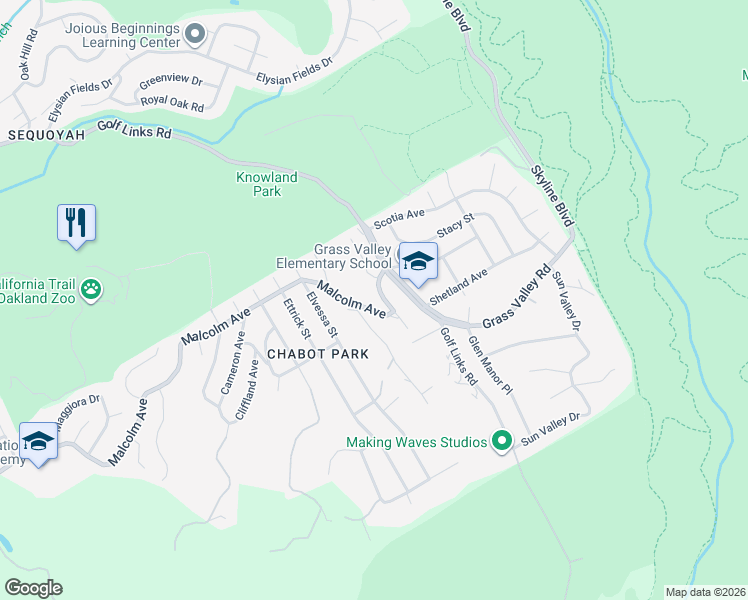 map of restaurants, bars, coffee shops, grocery stores, and more near 4515 Malcolm Ave in Oakland