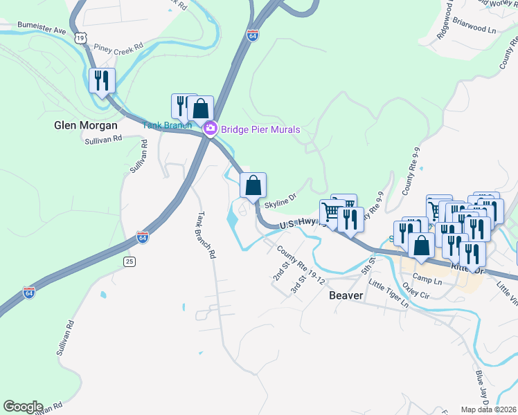 map of restaurants, bars, coffee shops, grocery stores, and more near 200 Skyline Drive in Beaver