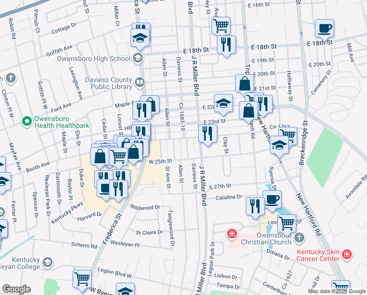 map of restaurants, bars, coffee shops, grocery stores, and more near 2420 Daviess Street in Owensboro