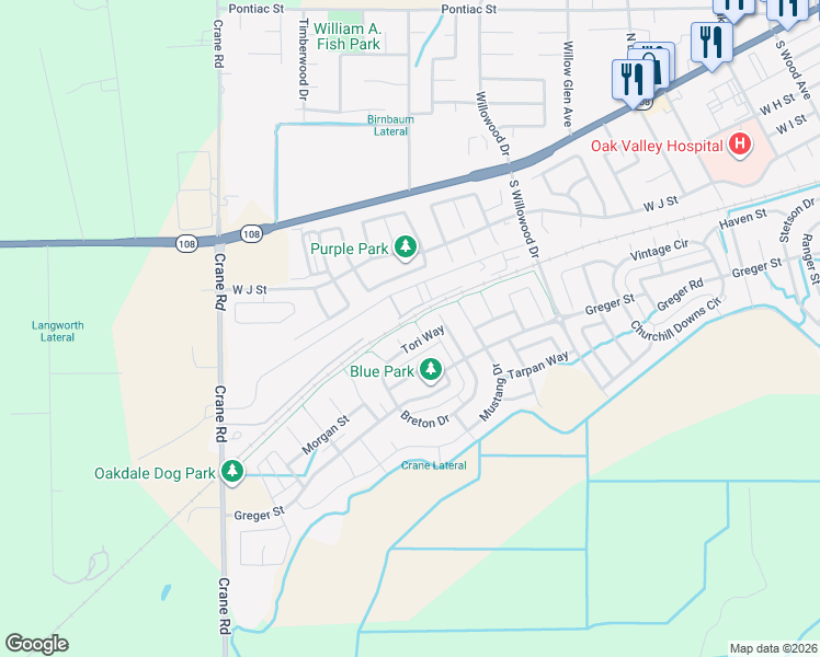 map of restaurants, bars, coffee shops, grocery stores, and more near 504 Shetland Court in Oakdale