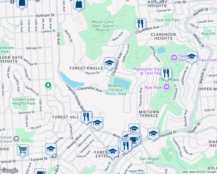 map of restaurants, bars, coffee shops, grocery stores, and more near 119 Galewood Circle in San Francisco