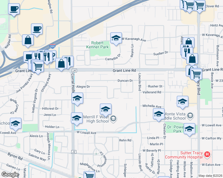 map of restaurants, bars, coffee shops, grocery stores, and more near 2143 Dorothy Lane in Tracy