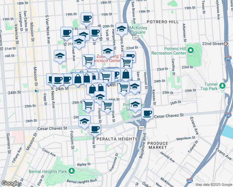 map of restaurants, bars, coffee shops, grocery stores, and more near 1268 Hampshire Street in San Francisco