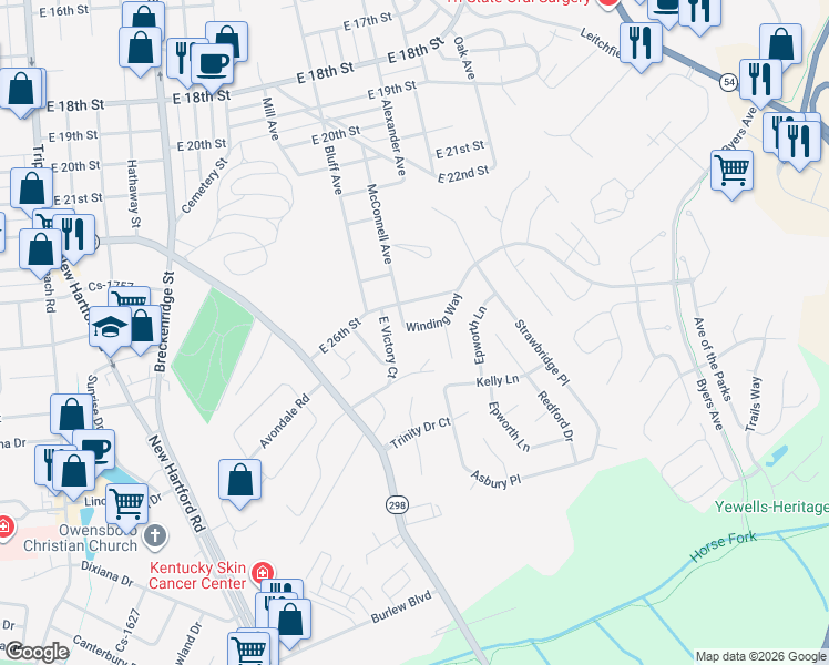 map of restaurants, bars, coffee shops, grocery stores, and more near 1714 Winding Way Dr in Owensboro