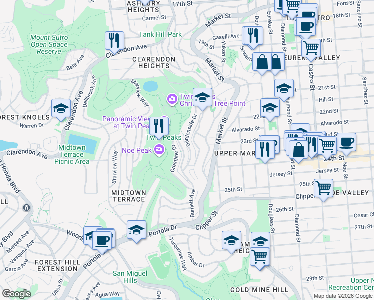 map of restaurants, bars, coffee shops, grocery stores, and more near 36 Gardenside Drive in San Francisco