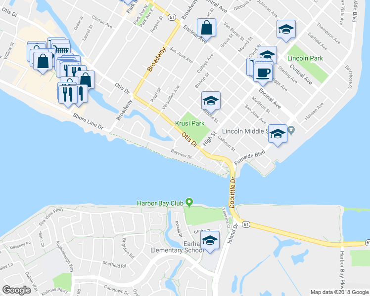 map of restaurants, bars, coffee shops, grocery stores, and more near 927 Fountain Street in Alameda