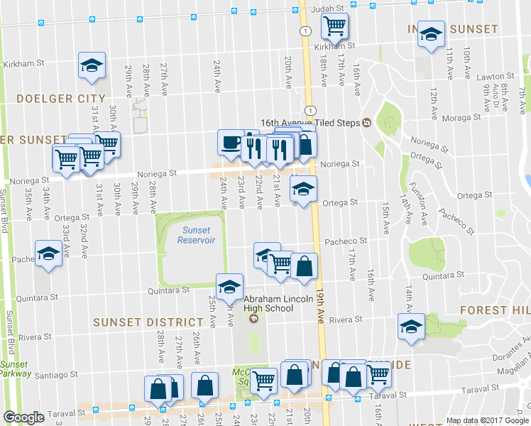 map of restaurants, bars, coffee shops, grocery stores, and more near 1910 22nd Avenue in San Francisco