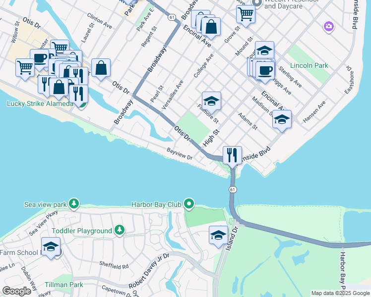 map of restaurants, bars, coffee shops, grocery stores, and more near 927 Fountain Street in Alameda