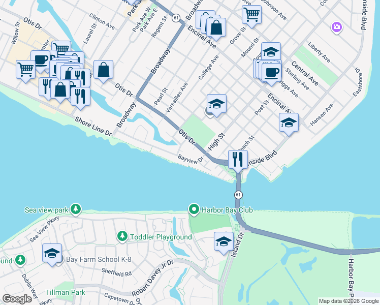 map of restaurants, bars, coffee shops, grocery stores, and more near 927 Fountain Street in Alameda