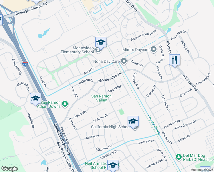 map of restaurants, bars, coffee shops, grocery stores, and more near 9980 Broadmoor Drive in San Ramon