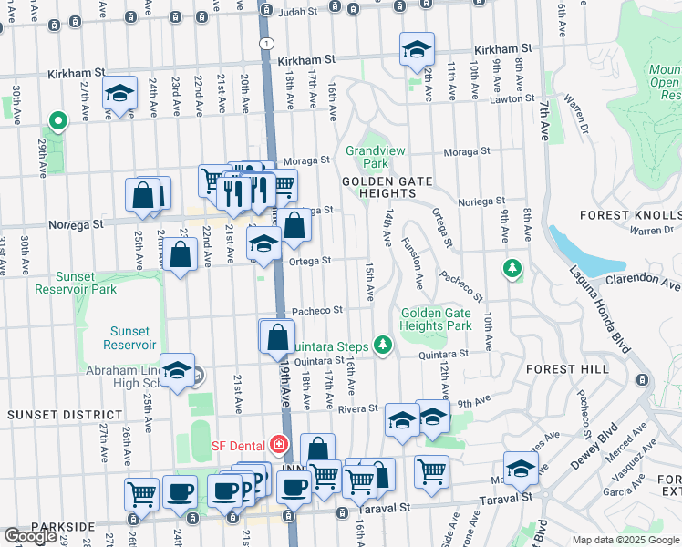 map of restaurants, bars, coffee shops, grocery stores, and more near 1921 16th Avenue in San Francisco