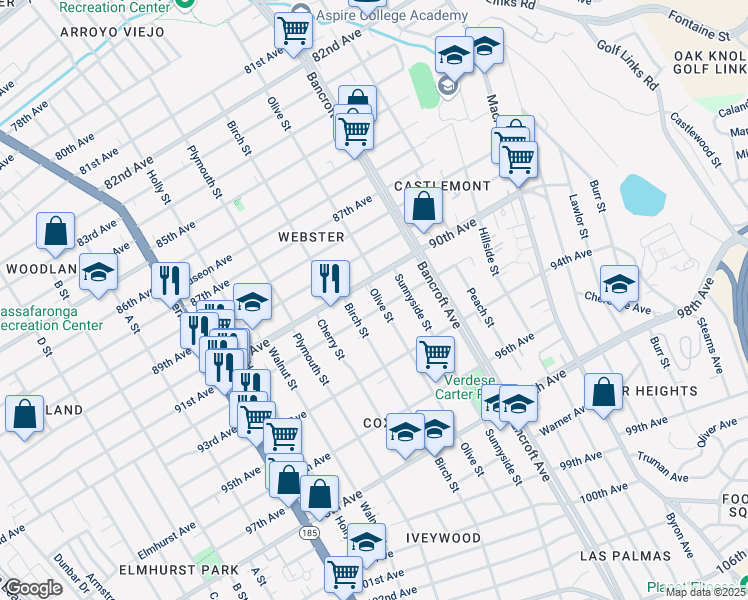 map of restaurants, bars, coffee shops, grocery stores, and more near 9029 Olive Street in Oakland