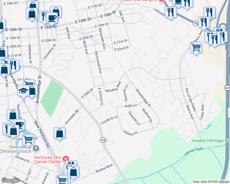 map of restaurants, bars, coffee shops, grocery stores, and more near 2708 Morningside Drive in Owensboro