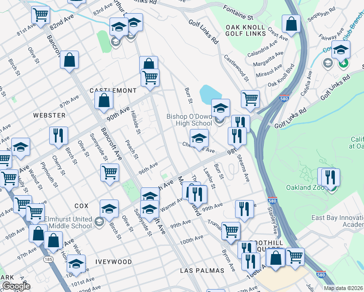 map of restaurants, bars, coffee shops, grocery stores, and more near 2507 Cherokee Avenue in Oakland