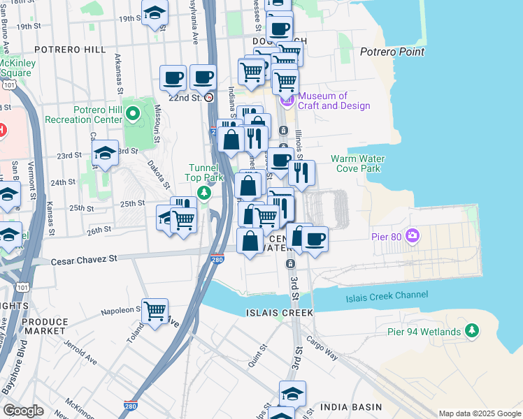 map of restaurants, bars, coffee shops, grocery stores, and more near 1405 Minnesota Street in San Francisco