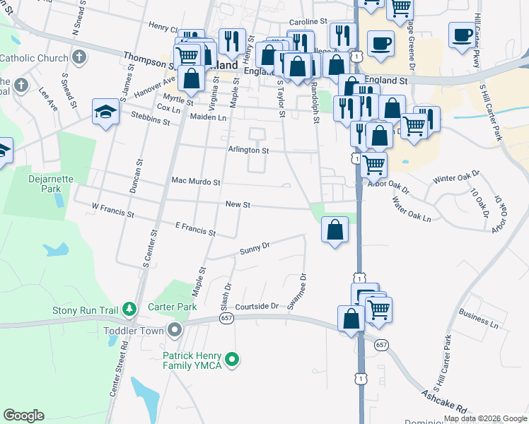 map of restaurants, bars, coffee shops, grocery stores, and more near 321 New Street in Ashland
