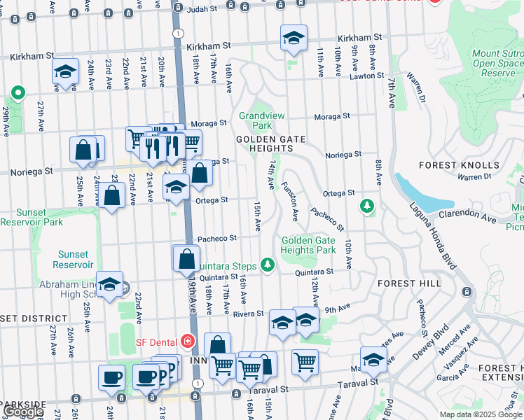 map of restaurants, bars, coffee shops, grocery stores, and more near 1930 15th Avenue in San Francisco