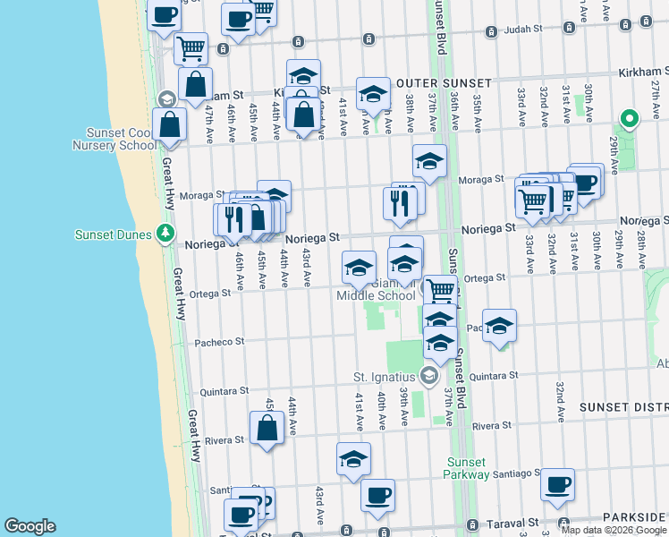 map of restaurants, bars, coffee shops, grocery stores, and more near 1862 42nd Avenue in San Francisco