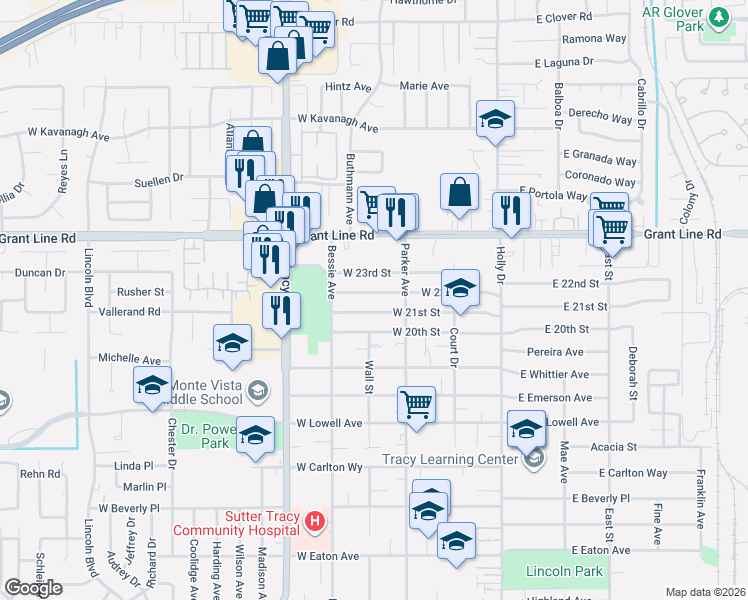 map of restaurants, bars, coffee shops, grocery stores, and more near 362 West 22nd Street in Tracy