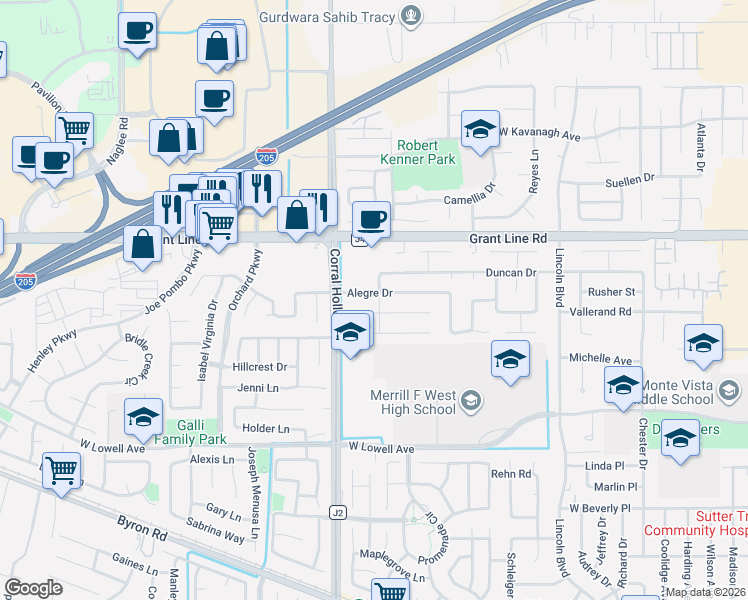 map of restaurants, bars, coffee shops, grocery stores, and more near 1920 Alegre Drive in Tracy