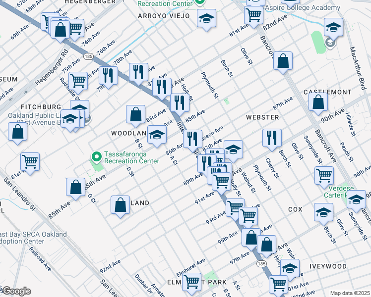 map of restaurants, bars, coffee shops, grocery stores, and more near 8627 International Boulevard in Oakland