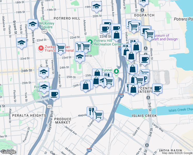 map of restaurants, bars, coffee shops, grocery stores, and more near 1113 Connecticut Street in San Francisco