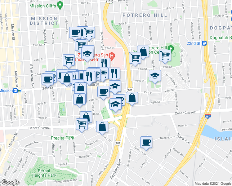 map of restaurants, bars, coffee shops, grocery stores, and more near in San Francisco
