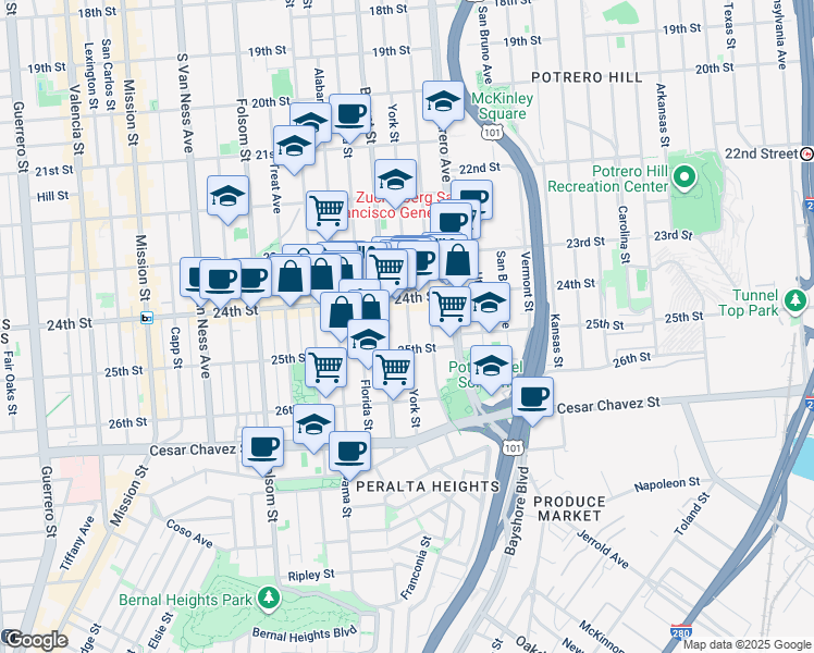map of restaurants, bars, coffee shops, grocery stores, and more near 1264 Hampshire Street in San Francisco